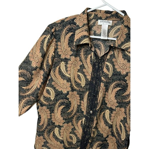 VTG Studio 1 Ladies Button Up Lace Accented Stylish Flowy Sleeve Blouse SZ 14 - Picture 6 of 7